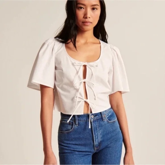 Abercrombie tie front bows top blouse Short Sleeve Poplin adjustable scoop neck - Picture 2 of 8